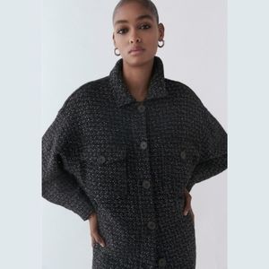 Zara Tweed Oversized Shirt Jacket Top Button Up M